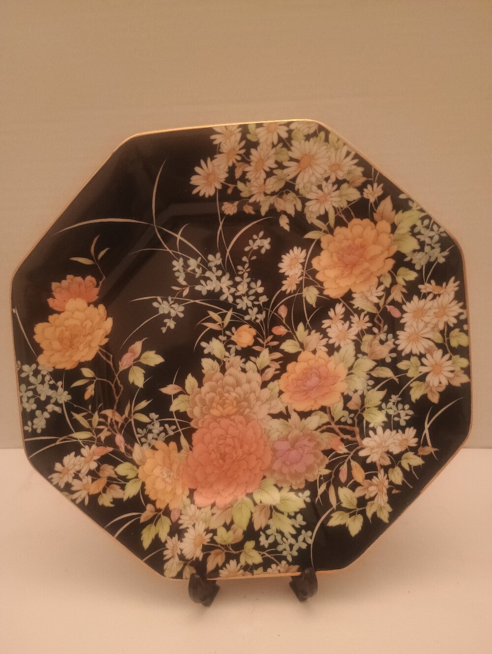 Floral Black Octagonal Decorative Dinner Plate - Peach Blossoms